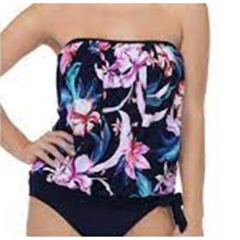 1204 Island rio Bloom Convertible Tankini Top BLACK MULTI sz 14
